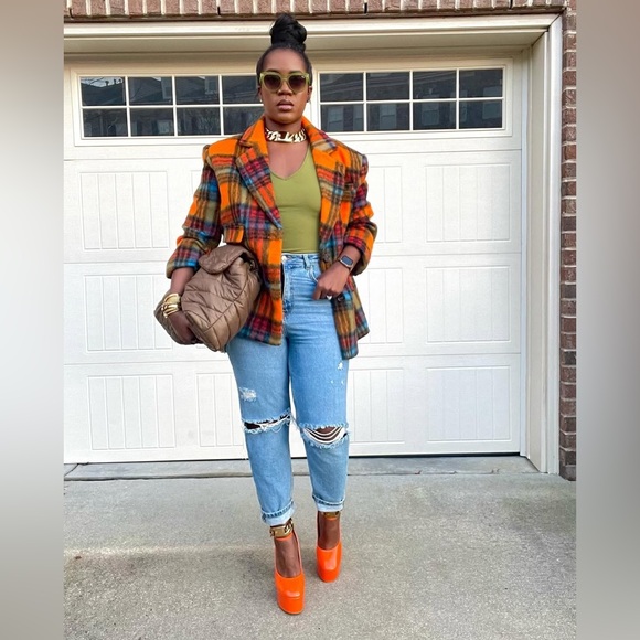 NWT! NASTY GAL Premium Wool Blend Oversized Orange Plaid Stripe Blazer Coat - Picture 7 of 16